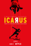 Poster van de film Icarus, waarbij een sporter aan marionettentouwen hangt.