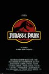 Filmposter voor de film Jurassic Park. Een zwarte poster met een rode cirkel waarin het silhouet van een skelet van een Tyrannosaurus Rex zichtbaar is.