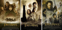 De drie filmposters van Lord of the Rings naast elkaar met de hoofden van de hoofdrolspelers tegen een fantasiewereld afgebeeld in bruintinten uitgevoerd.