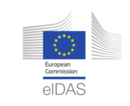 Het logo van eIDAS met de Europese vlag en de namen van de Europese Commissie en eIDAS.