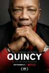 Filmposter van de documetaire Quincy. Het beeld is een portretfoto van Quincy Jones in een recent jaar gefotografeerd.
