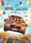 Poster van The Mitchell's vs. the Machines waarin een auto met het gezin Mitchell door de lucht vliegt in een omgeving me felgekleurde strepen.