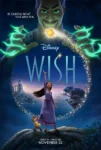 Poster voor de film Wish met de hoofdrolspeelster in een cirkel gevormd door een stervormig personage. Daarboven een boze tovenaar met groene stralen.